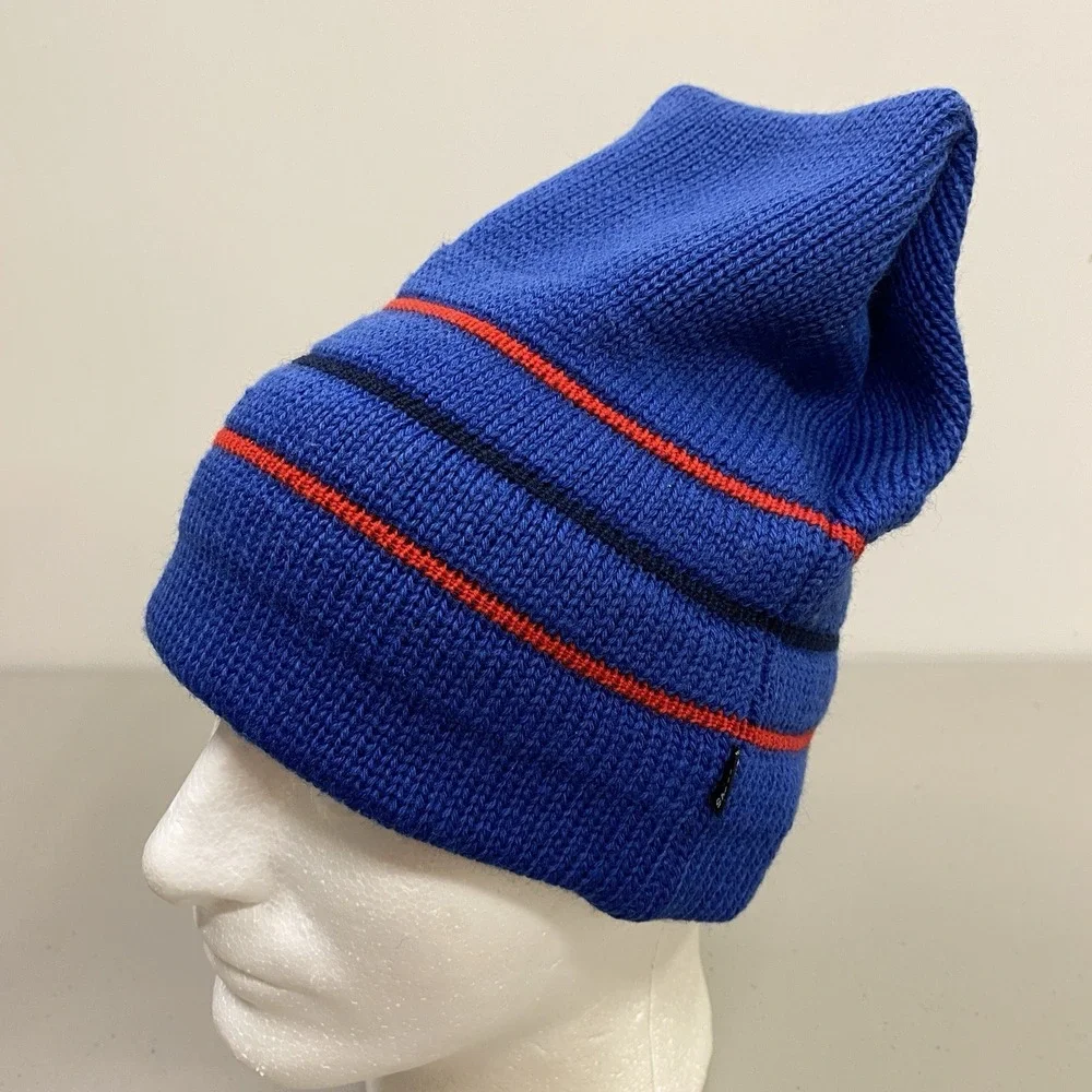 Vintage Smiley Ski Beanie 100% Wool Blue Striped‎ Knit Hat Lycra Headband USA